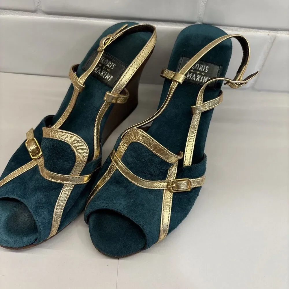 Delores & Maxine Suede Wedge Heel Jade & Gold Women’s‎ Size 6 Leather